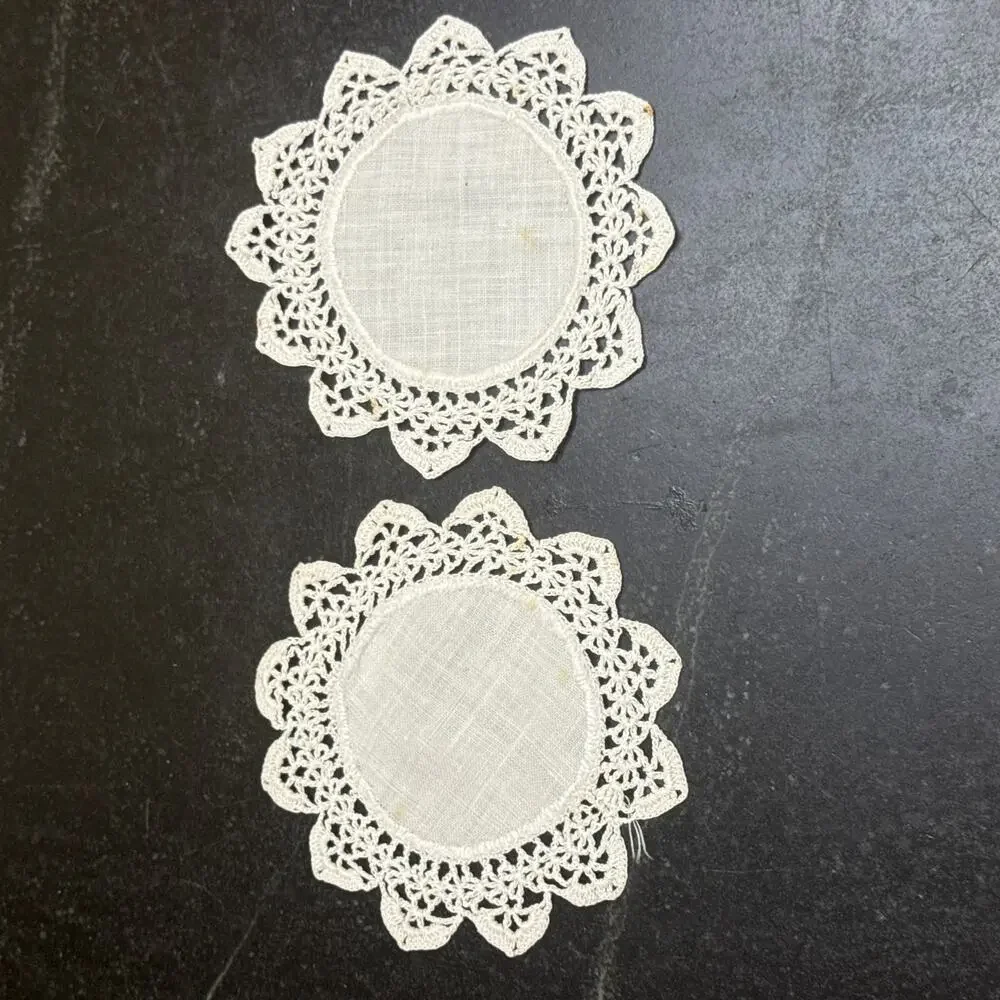 Vintage Oval Linen Crochet Lace Doily Coasters Set of 4 Flower Border